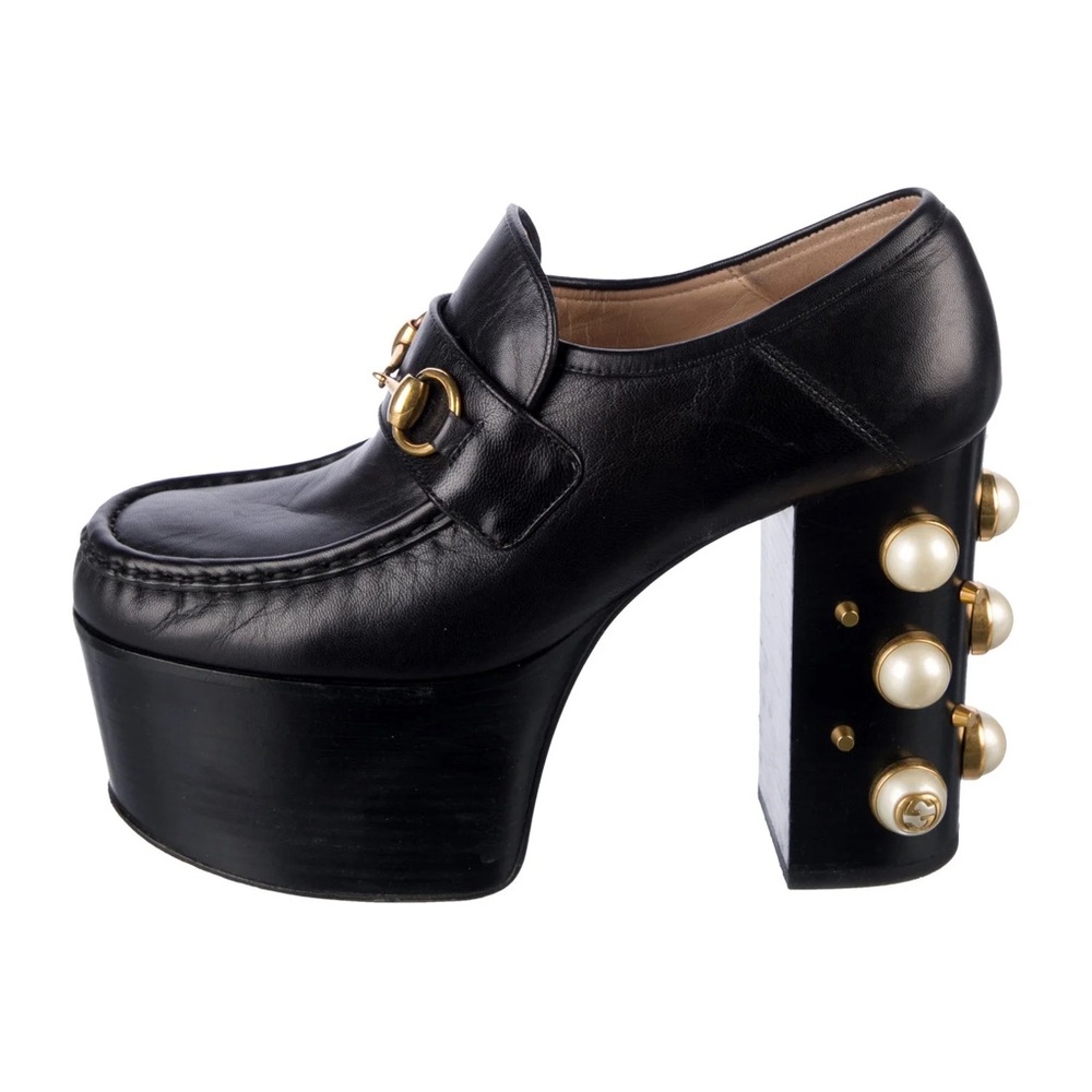 Gucci Black Platform Heels with Gold and Pearl Details